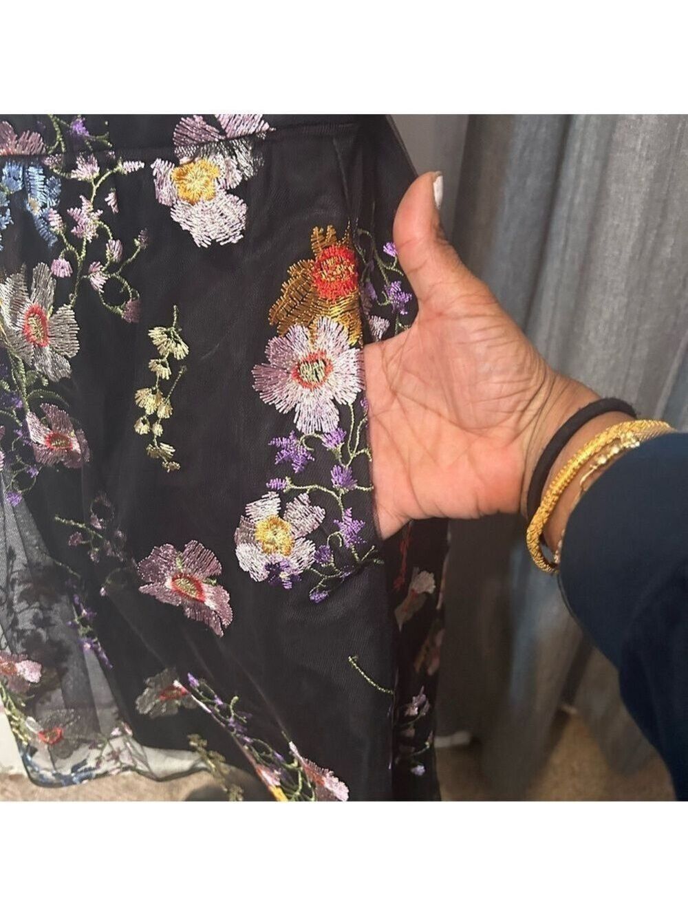 Adrianna Papell High Low Embroidered Gown Dress Floral V Neck Pockets Lined - Picture 3 of 8